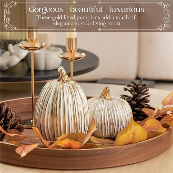 Set of 2 White and Gold Fall Pumpkins Artificial Resin Pumpkins Figurines - Picture 3 of 7